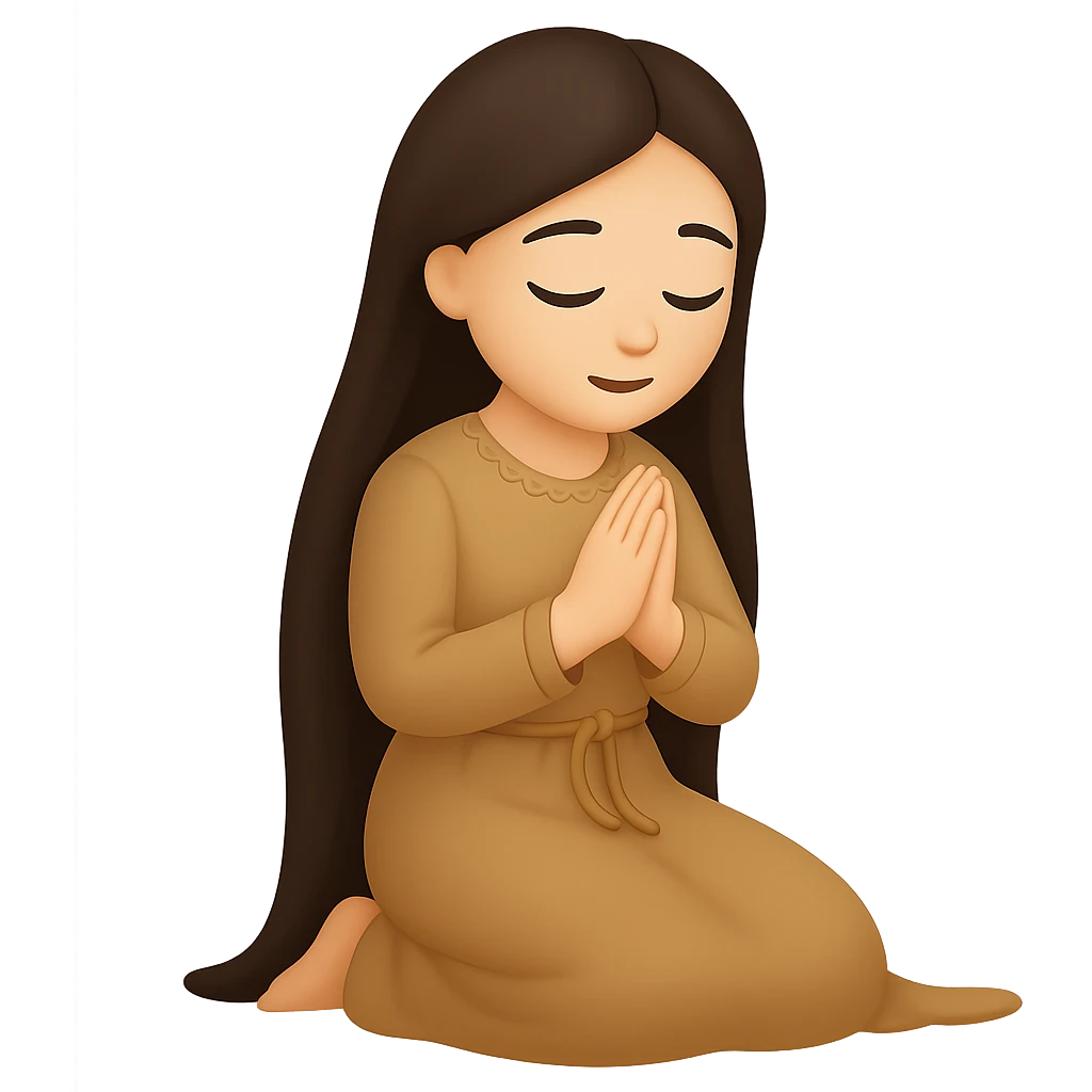 Change the dress color to tan, keep the woman kneeling and praying, long dark brown hair, emoji style, no background. The style should resemble emoji style with simple and clear features. emoji