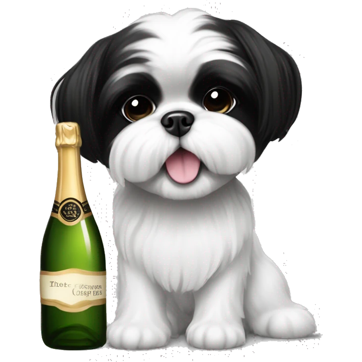 A cute black and white shih tzu playing with a bottle of champagne  emoji