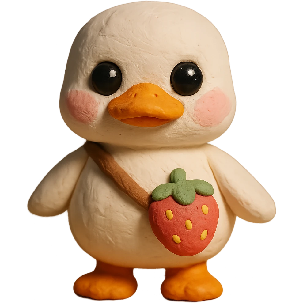 cute white duck with a strawberry-shaped shoulder bag, 3D claymation style, pastel colors, big shiny eyes, soft lighting, chibi look emoji