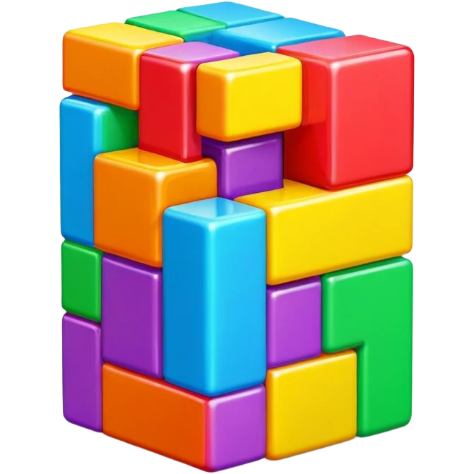 A 3D Tetris game block with a smooth, glossy surface. Bright and vibrant colors, slightly reflective, with soft shadows. The shape should resemble a classic Tetris piece, such as L, T, or square block emoji