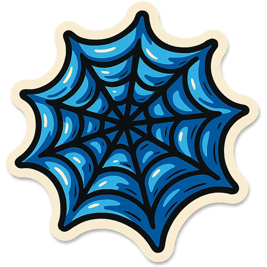 blue spider web, hand-drawn retro sticker style, bold outlines, expressive shadows and highlights, slightly playful, dimensional look emoji