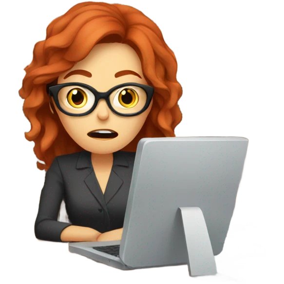 red hair woman wearing glasses frustrated desk monitor stack paper emoji