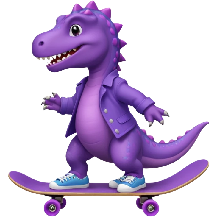 a purple dinosaur on a skateboard wearing a coat with sneakers in the bottom emoji