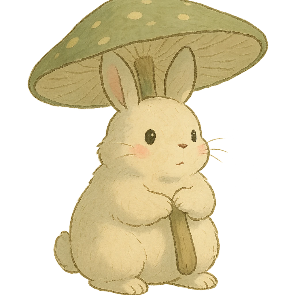 chubby bunny holding a mushroom umbrella, pastel beige and moss green, soft Ghibli style emoji