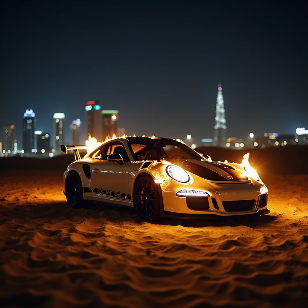 Cinematic shot, Porsche 911 gt3 rs in fire, desert, night, dubai city in background emoji