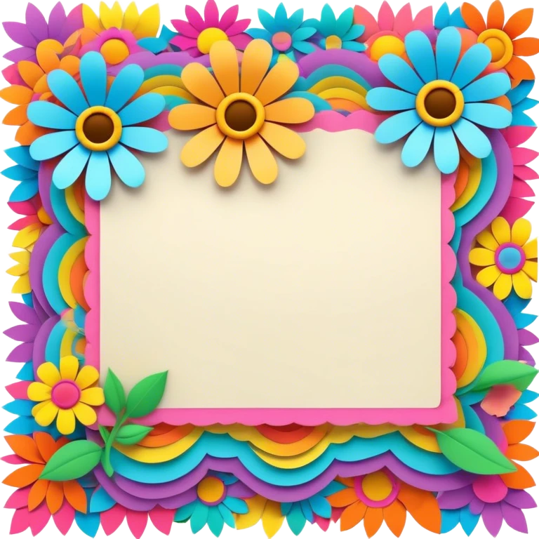 3D, psychedelic colored note paper with hippie style flower border emoji