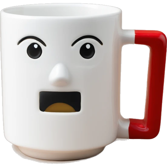 white stackable mug with red lettering "calendrier" on the front. small square handle emoji