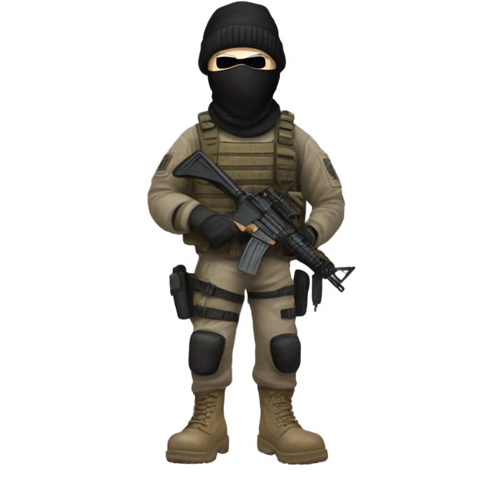 White male, call of duty black mask, camo tactical gear, tan combat boots, black beanie, blue eyes emoji