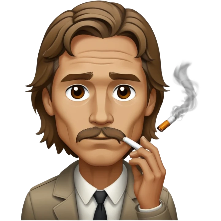 Create a stylized emoji of Rust Cohle (Matthew McConaughey) from True Detective smoking a cigarette nervously. The design should be simple, cartoonish, and recognizable as a reaction emoji—similar to the '😮💨' emoji but with his tense, exhausted expression. Use a limited color palette, bold outlines, and exaggerated facial features (sunken eyes, unkempt hair, smoke swirling around him) to capture the mood of the meme. The background should be transparent for versatile use emoji