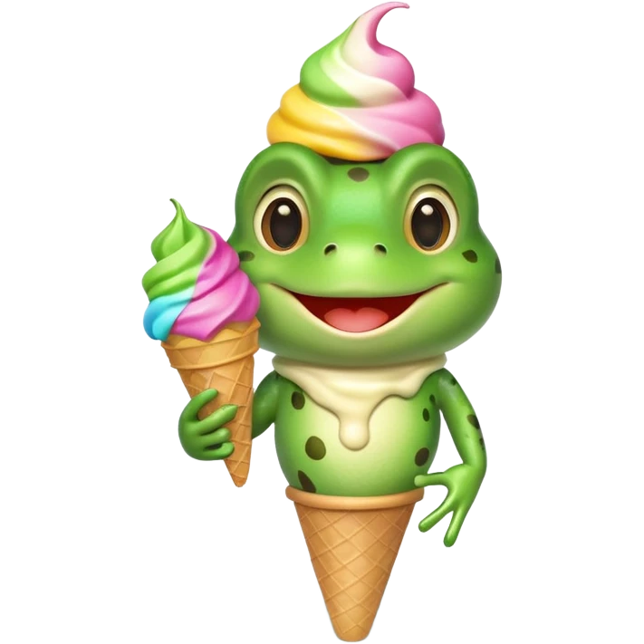 cute frog eating ice cream, happy face, holding a colorful ice cream cone, 3D cartoon, mobile game icon style, bright colors, soft shadows, clean background, no text, no watermark
 emoji