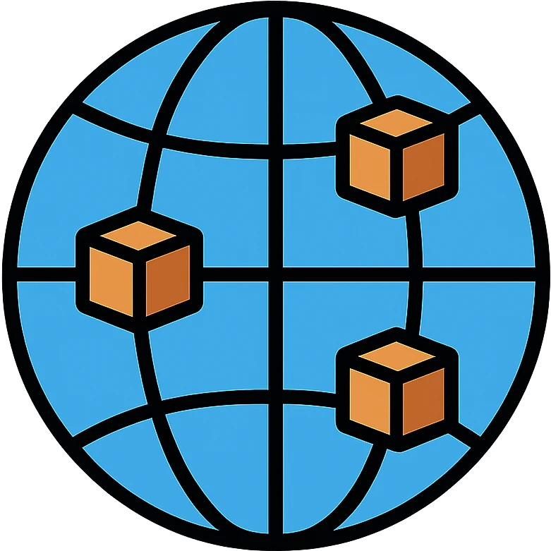 network globe with blue lines and realistic brown boxes at intersection points emoji