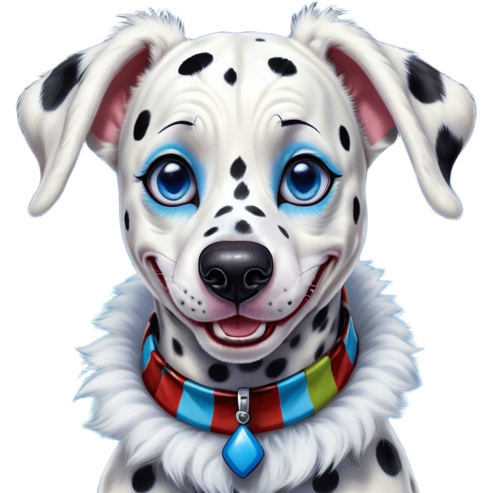 Cinematic Comical Harlequin Dalmatian Portrait Emoji, Head tilted dramatically with an exaggeratedly shocked or amused expression, featuring a striking Fur of predominantly white with vivid black patches, wide, expressive blue eyes filled with playful disbelief, Simplified yet hilariously expressive features, highly detailed, glowing with a slightly sassy glow, high shine, dramatic yet playful, stylized with an air of cheeky charm, bright and endearing, soft glowing outline, capturing the essence of a spirited and over-the-top guardian, so meme-worthy it feels like it could side-eye its way into internet fame instantly! emoji