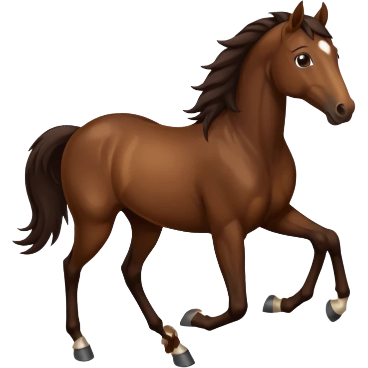 Make a brown horse emoji that has a white spot on head and deep dark brown legs up to knees, also make the tail and mane  a very very dark brown, also make the horse trotting emoji