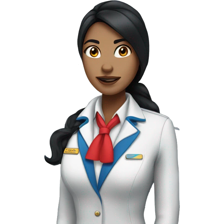 Flight attendant with long black hair, white skin and a blue uniform and a scarf emoji
