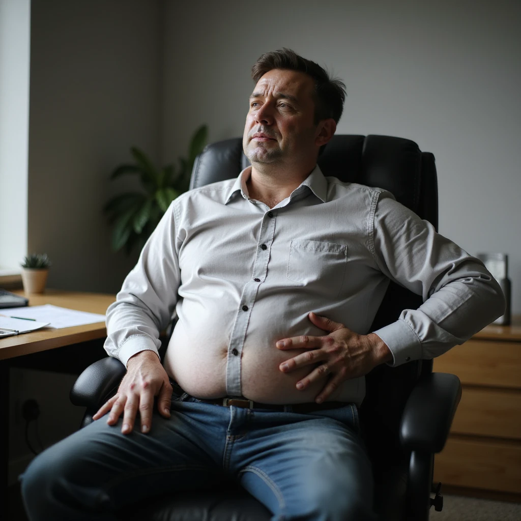 realistic hyper-detailed 4K image of a man with a bloated abdomen sitting on an office chair, expression of discomfort, one hand on abdomen, wearing work clothes, realistic atmosphere emoji