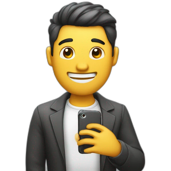 hombre bien vestido feliz teniendo una llamada con un iphone emoji
