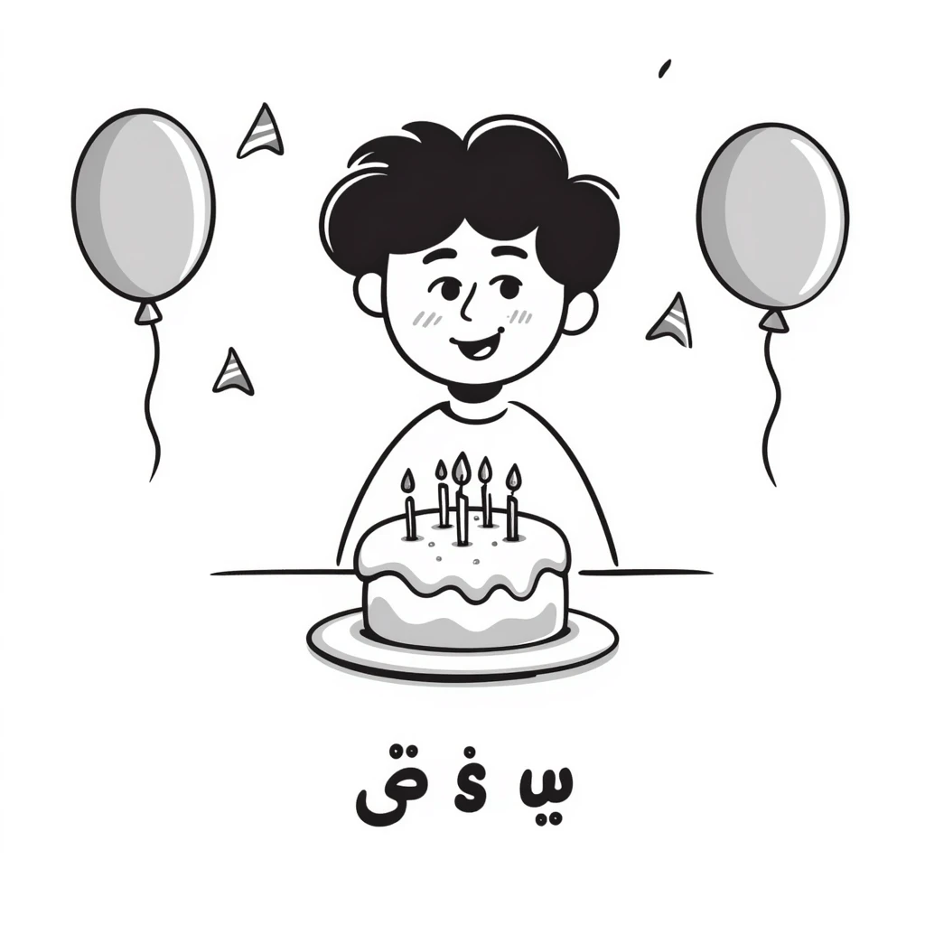 A cute little boy smiling with a birthday cake with candles and birthday decorations like balloons and party hats. At the bottom write in Persian text: "امیدرضاجان تولدت مبارک" emoji