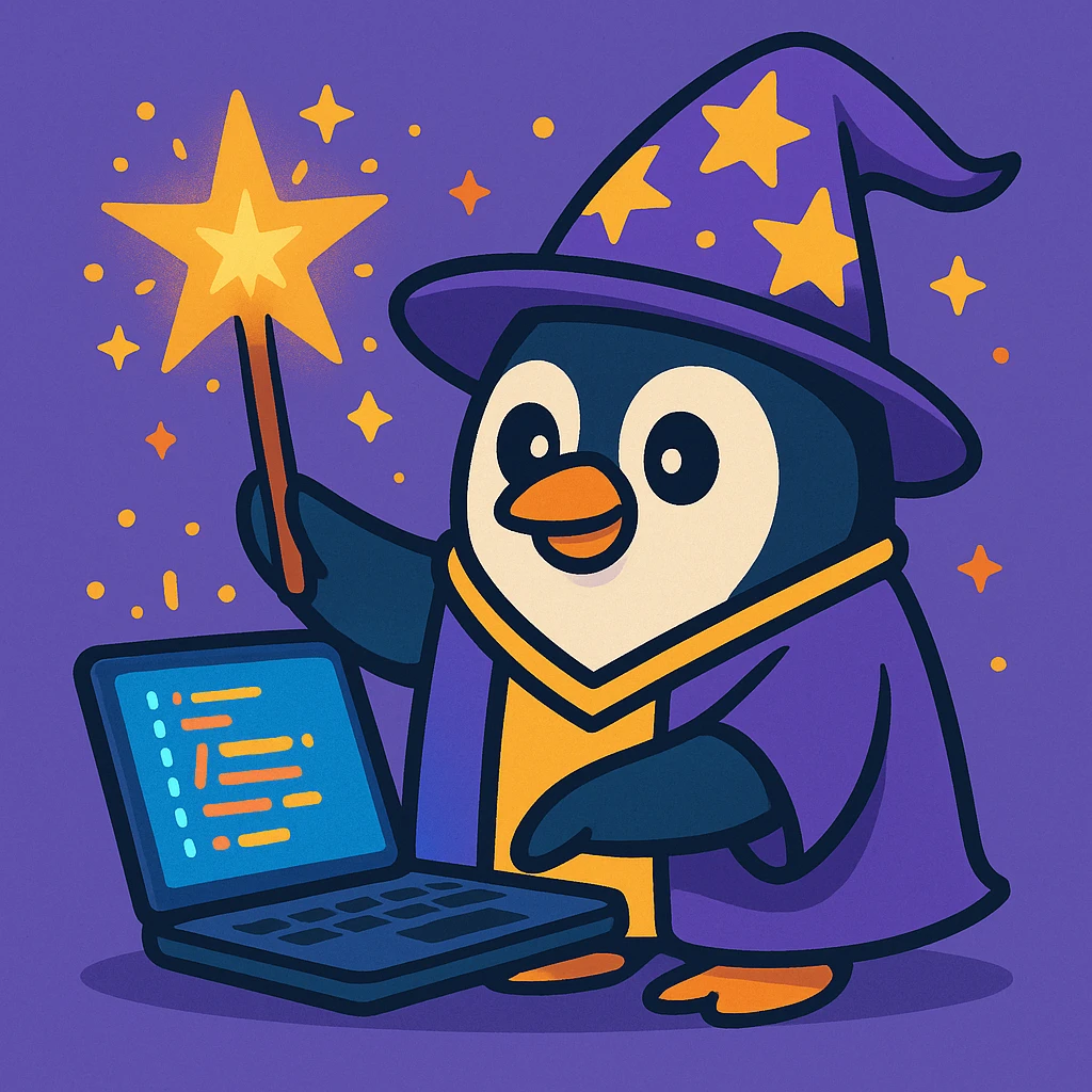 a penguin dressed as a wizard, holding a wand, with magical sparkles, writing code on a glowing laptop, fun whimsical style emoji