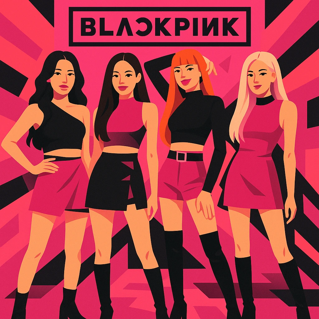 Blackpink K-pop group, iconic pink and black color scheme, stylish modern outfits, confident group pose, energetic vibe emoji