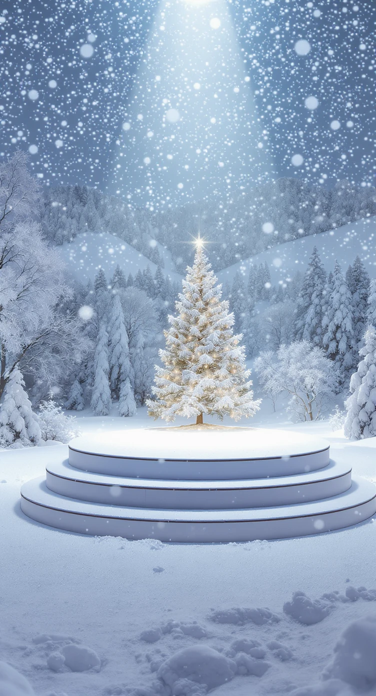 Cinematic still of a winter landcape, white circle stage on middle, snowy,christmas tree in snow, in background we can see beautifull snowy landscape, soft light, symmetrical, day --no curtains emoji