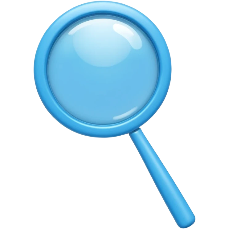 A cute 3D emoji-style blue magnifying glass, glossy plastic material, soft rounded shape, vibrant blue color, smooth reflections, minimal details, centered composition, isolated on a clean background, emoji style, high quality 3D render emoji