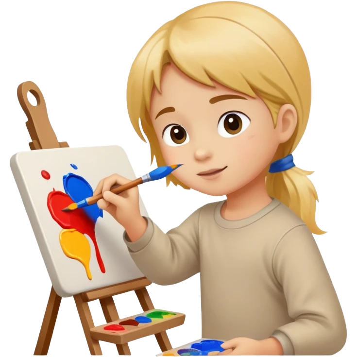 child painting on a canvas with a brush, colorful and creative emoji