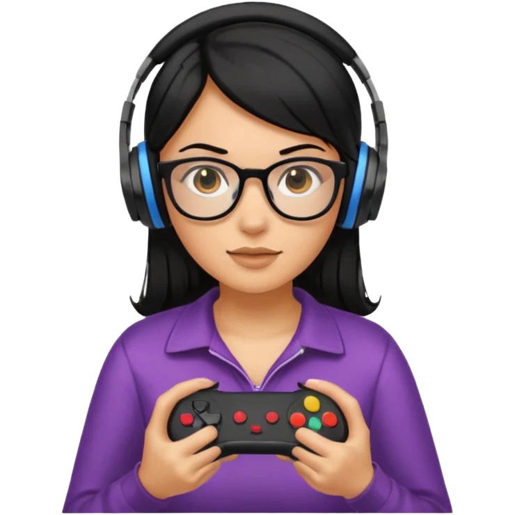 
gamer, woman shiny black hair no eyebrows with glasses, headphone, gamepad emoji