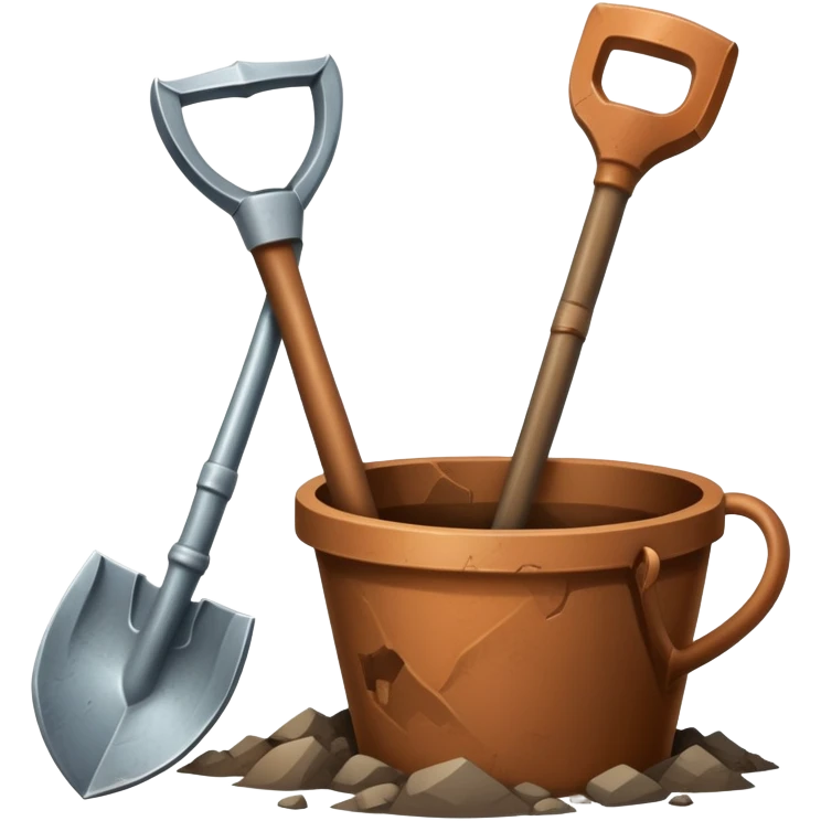An icon featuring a shovel, pickaxe, and an ancient artifact like a broken pot, symbolizing the essentials of archaeology. The design focuses on the tools of excavation and discovery, recognizable look. Transparent background. emoji