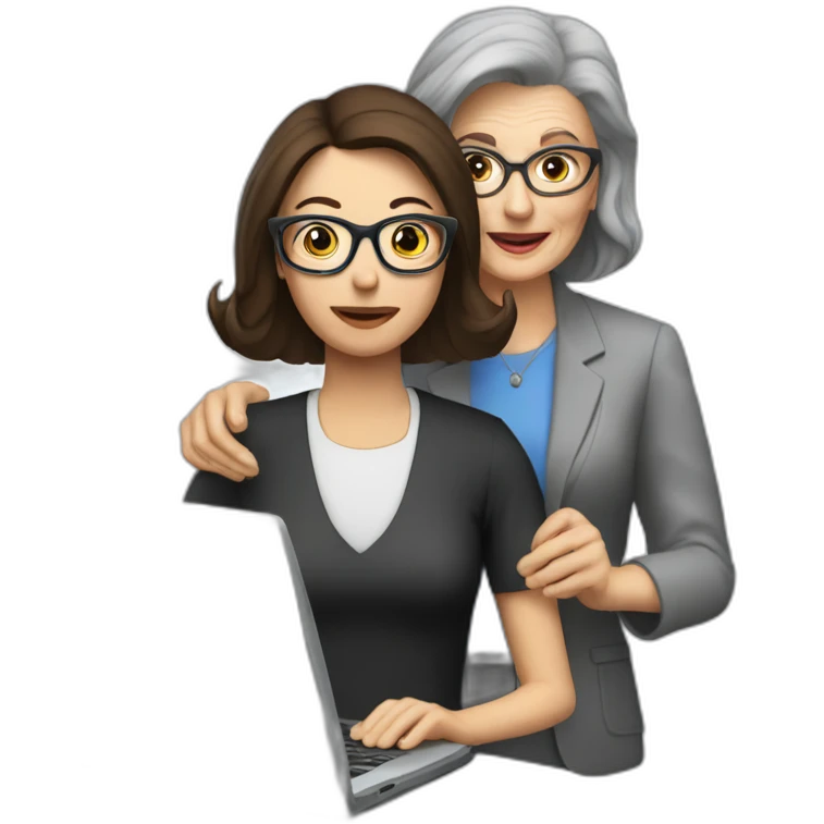 Brunette with glasses coaching old woman on computer emoji