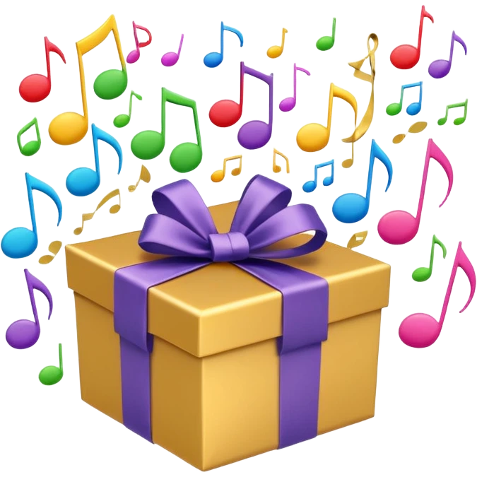 A wrapped gift box opening with colorful music notes flying out. emoji