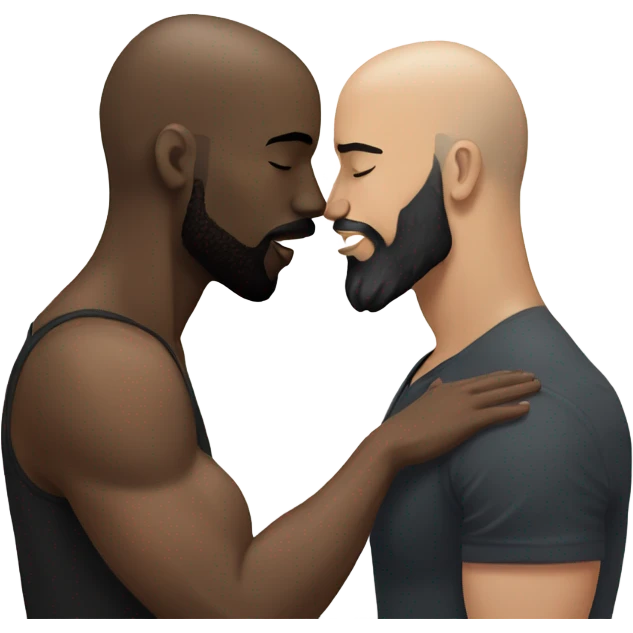 White brunette kissing muscular black bald man with beard emoji