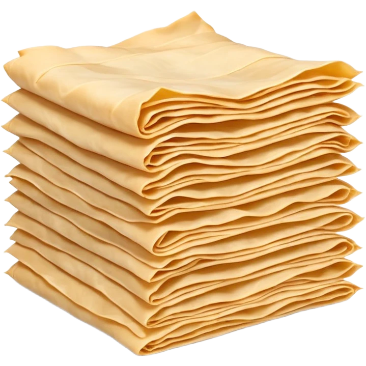 stack of ultra-thin rectangular phyllo dough sheets with wavy edges, soft beige color, top sheet lifted showing delicate translucent texture, dry smooth surface with creases, no packaging or filling, clean 3D rendering, soft shadows, transparent background, emoji scale emoji