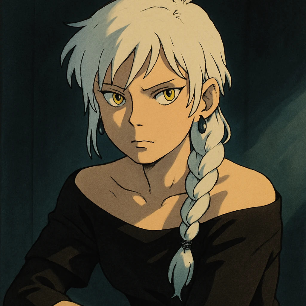 closeup portrait of young woman with gold yellow eyes, white hair in a long braid, black off-shoulder top, punk gothic style, futuristic cyberwave, sitting position, dramatic lighting and shadows, ghibli style emoji