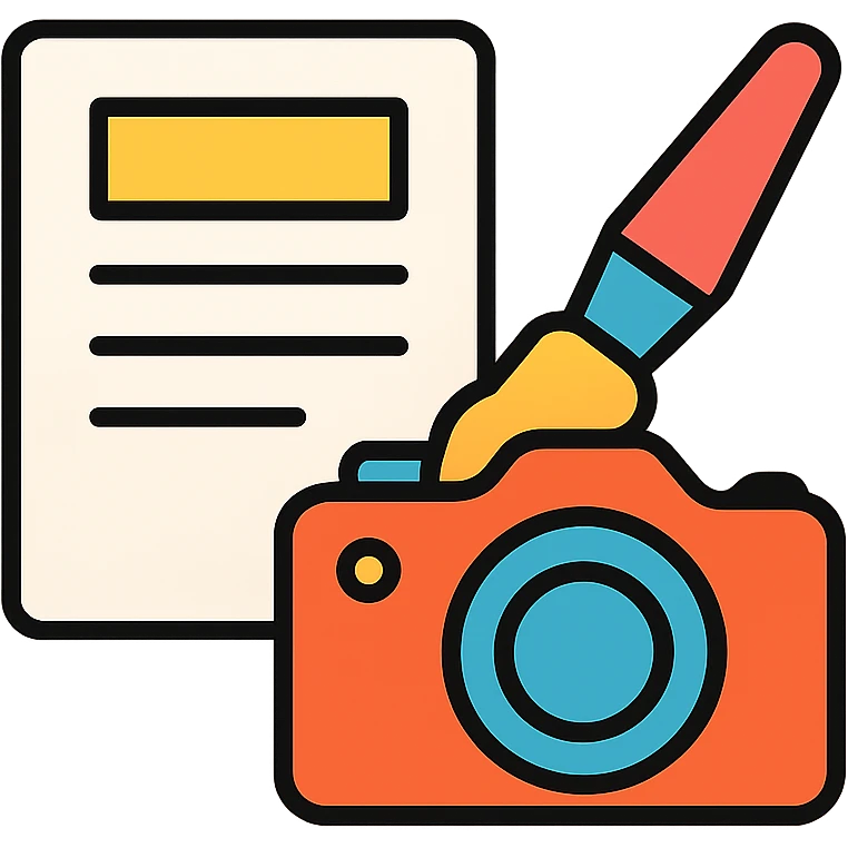 Content creation icon with camera, document, and paintbrush showing multimedia content production emoji