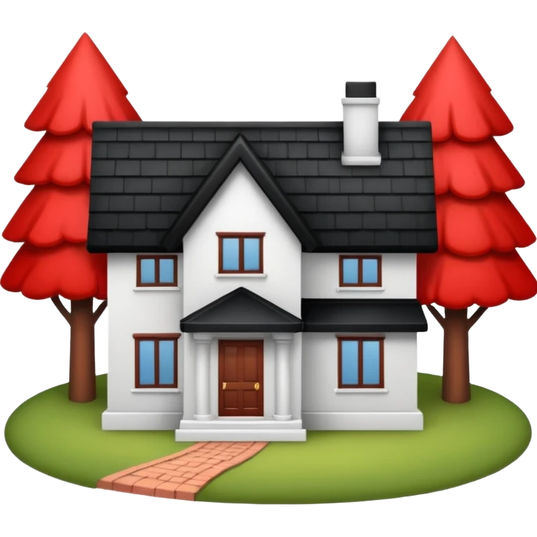 Dom z czarnym dachem i biała elewacja ze wstawkami z czerwonej cegły.Na drugim planie las. emoji