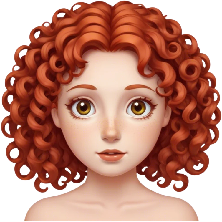 lady with Soft, round face, rosy cheeks, wide expressive eyes, Curly red hair, often styled in intricate ringlets, Fair skin, freckles, emoji
