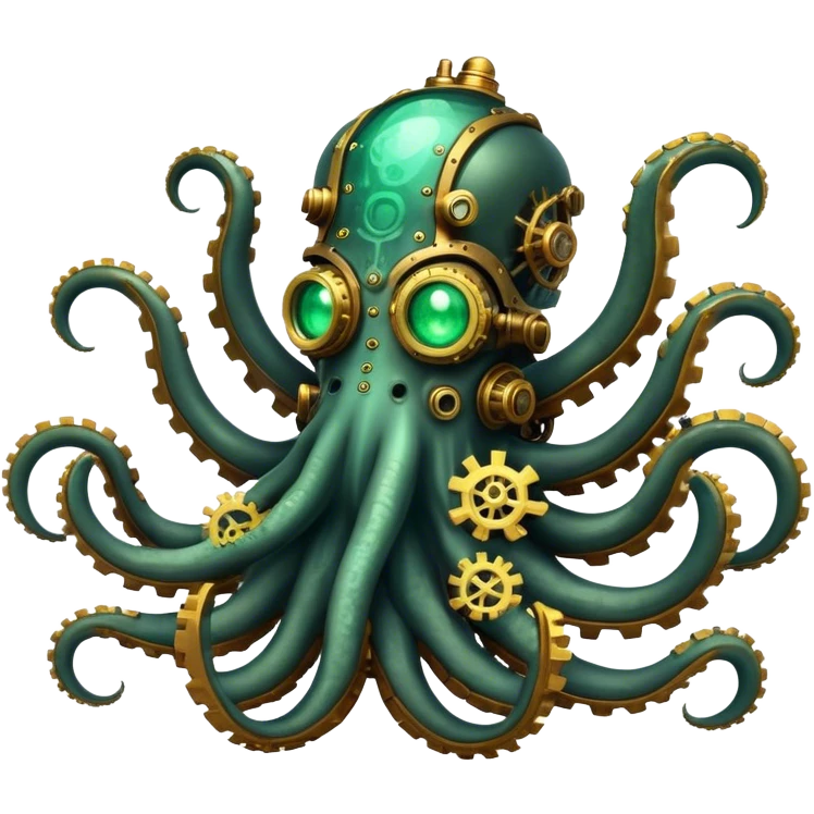 A steampunk-styled mechanical kraken with golden gears, steam vents, and glowing emerald eyes, clockwork kraken emoji