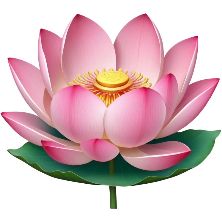 Accurate lotus flower with pink petals and botanically correct lotus leaf - round with distinctive notch, raised edges and radial veins emoji