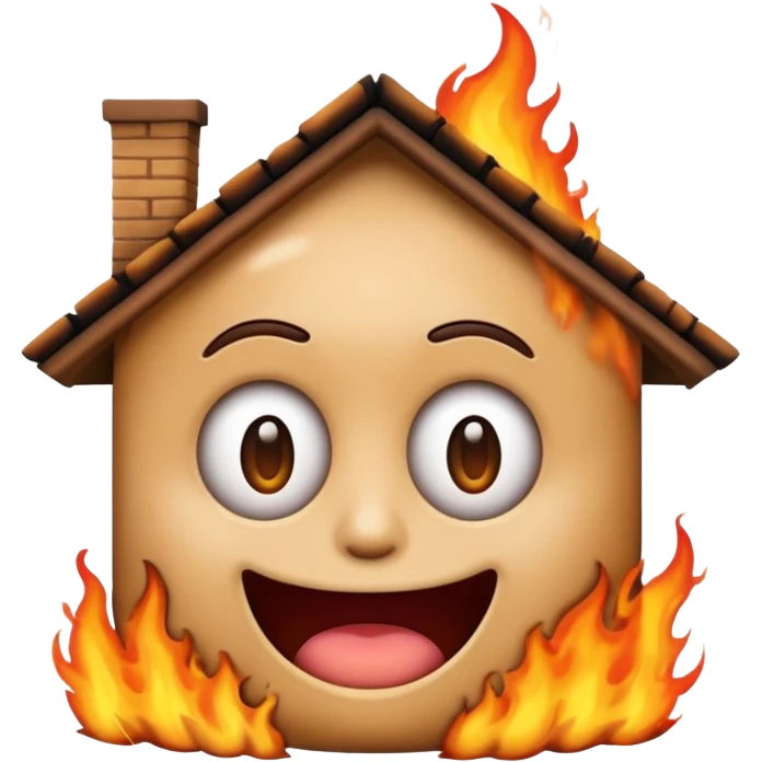 Create a comically crazy looking emoji that looks lost and confused. Have it related to emotional damage for theme with a house burning in background emoji
