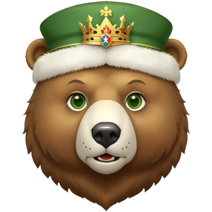 Just the head of a cute brown bear with green eyes, wearing white fur ushanka hat with highly detailed realistic Russian Federation coat of arms, showing double-headed eagle with crowns, scepter, orb and St. George shield, iOS emoji style emoji