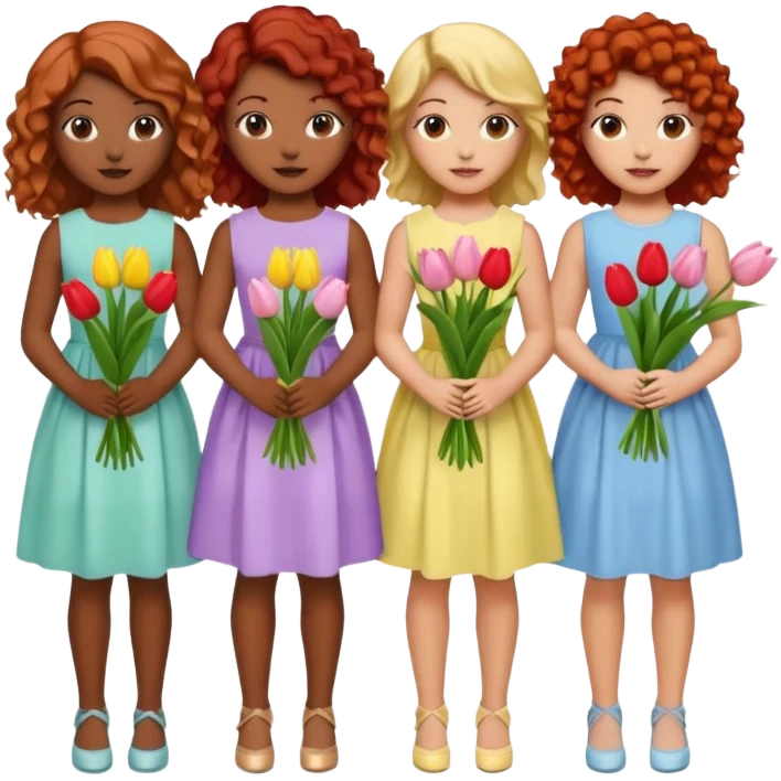 5 girls at a garden party wearing pastel dresses and holding tulips, one is black, one is blond, one has brown hair, one has red hair, one is mixed with curly hair emoji