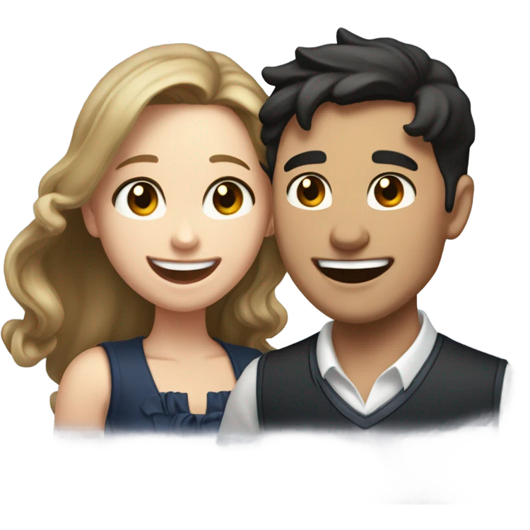 A pale half Asian man with short dark hair and amber eyes laughing with a white woman with long wavy brunette hair and dark hazel eyes. They love each other a lot And have good fashion taste and are hugging each other tight  emoji