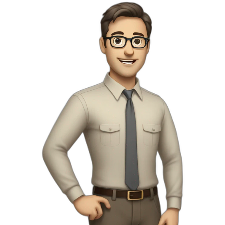 Full height Actively gesturing with hands Pale skinned fit man with dark brown hair in gray jacket, beige office shirt, brown tie, brown pants and vintage glasses. emoji