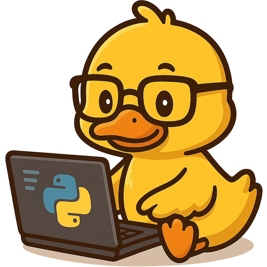 Animated duck wearing glasses, programming Python on a laptop, in a cute cartoon style emoji