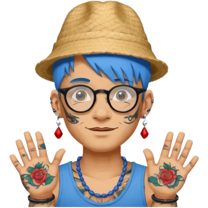 unique looking tourist with big unique red tourist hat and earrings, man with lots of tattoes and spectacles, blue hair showing emoji