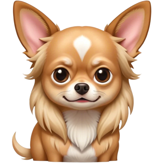 Cinematic Meme-Worthy Grumpy Long Haired Fawn Chihuahua Portrait Emoji, Head held high but eyes filled with dramatic disappointment, smooth long fawn hair cascading elegantly, deeply furrowed brow forming an unmistakable scowl, floppy ears slightly angled back in disapproval, piercing dark eyes glaring with pure exasperation, Simplified yet hilariously over-exaggerated features, highly detailed, glowing with an aura of supreme annoyance, high shine, exhausted yet judgmental, stylized with an almost regal pettiness, bright but brooding, soft glowing outline, capturing the essence of a companion that has seen it all and is thoroughly unimpressed, so meme-worthy it feels like it could instantly become the next viral sensation of grumpiness! emoji