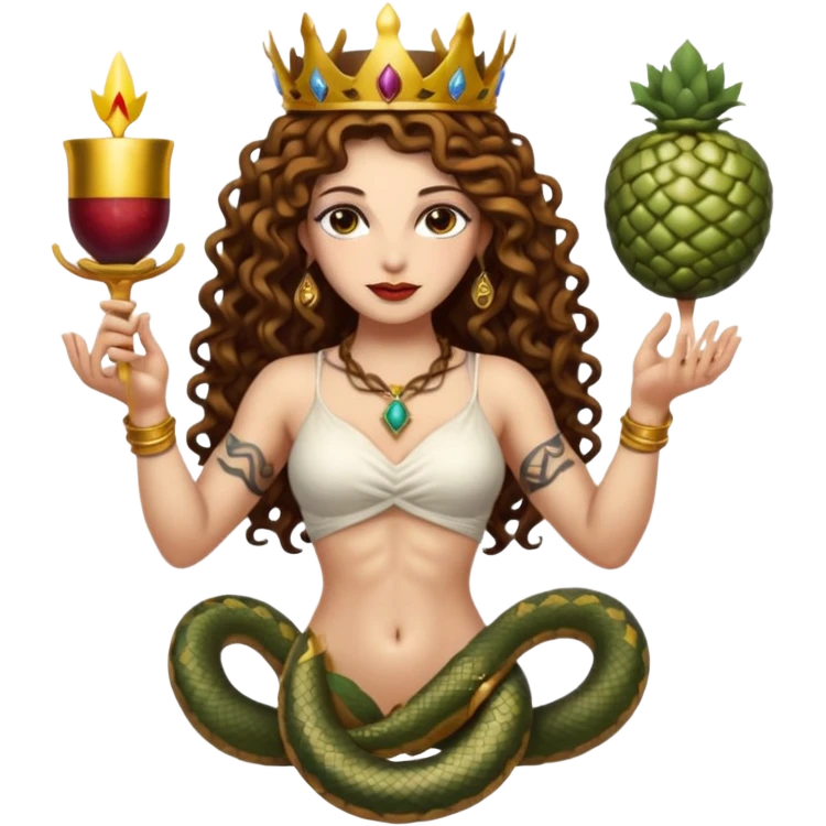 full body woman long curly brown hair brown eyes white skin tattoos muscular build serpent crown and fruit chalice emoji