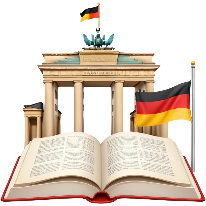 An icon featuring the Brandenburg Gate and the big flag of Germany, symbolizing the German language. The design includes an open book with German text representing language learning and German culture. Transparent background highlights the essence of German heritage. emoji