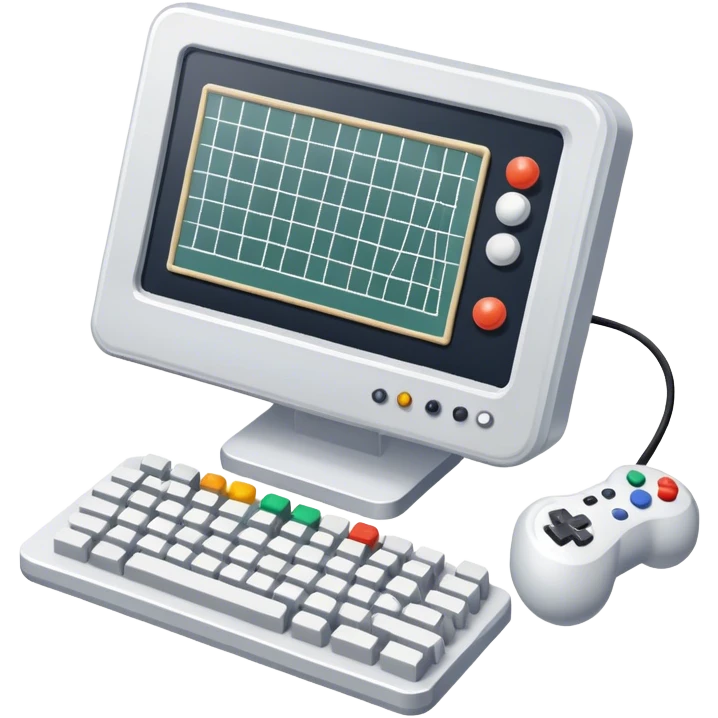 Professional icon for Game Design: a computer screen with a game interface, 3D models, pixel art, wireframe, and design tools like a grid and stylus, dualsence. The icon should represent the technical and creative aspects of game development. Transparent background. emoji