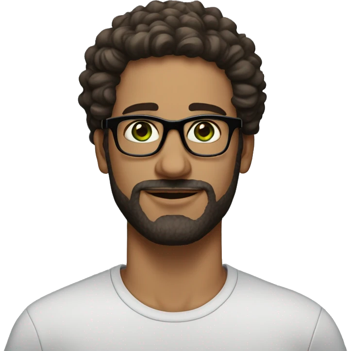 Man with green eyes and black specs, fair skin curly hair, small traingular beard below the lips. Hair colour is dark brown, fade hairstyle - is designin emoji